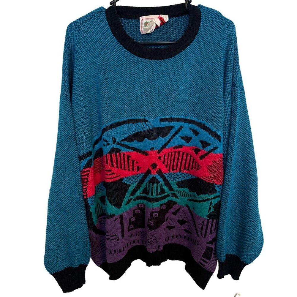 Organically Grown‎ Vtg Sweater Blue Geometric Unique Acrylic Men's Large | g2